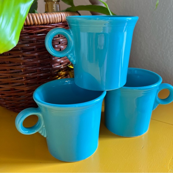 Set of Three Vintage Fiesta Turquoise Teal Ring Handle Coffee Mugs - Picture 2 of 6